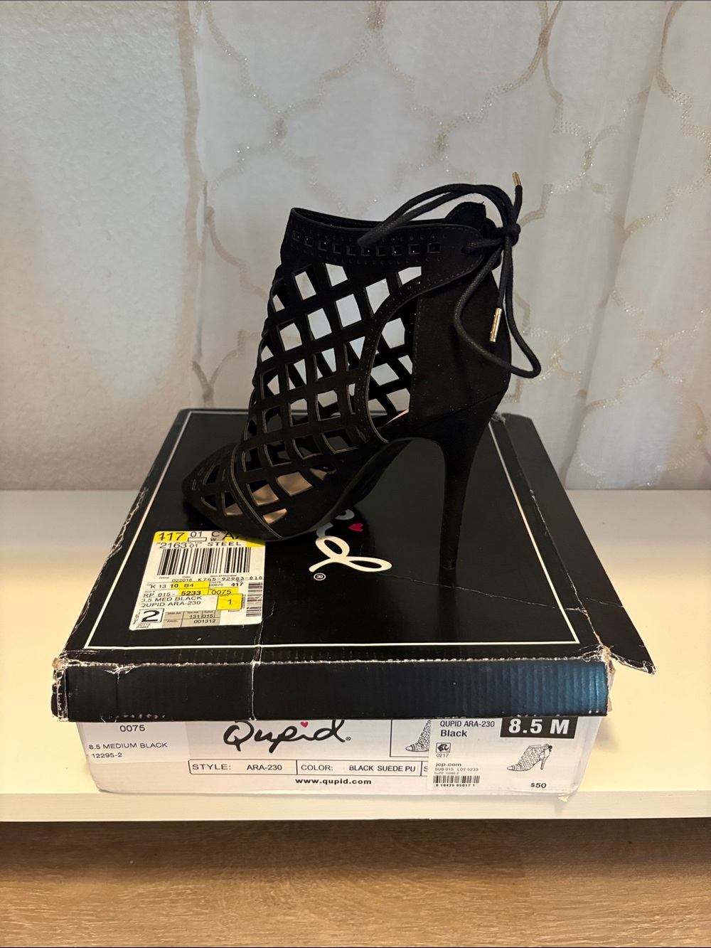 Qupid Black Cage Lace-Up Stiletto Sandal
